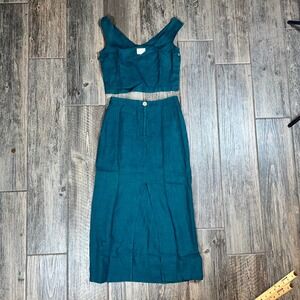Paloma Wool Teal Linen Two Piece Set‎ Sleeveless Crop Top Midi Skirt